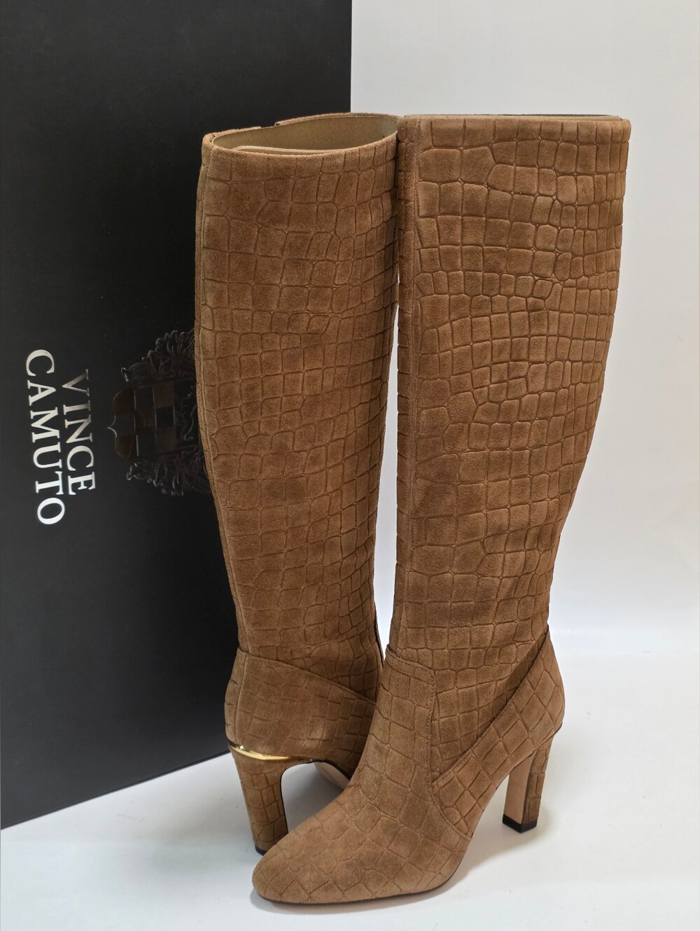 5.5M Vince Camuto Gylina Fawn Suede Croc Embossed Wide Calf Knee High Boots
